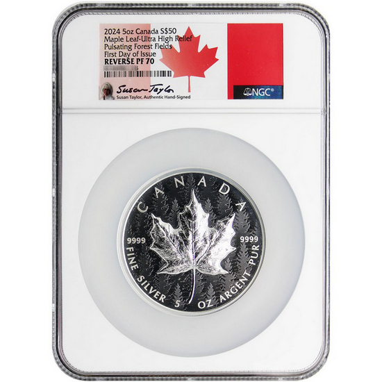 2024 Canada Silver Maple Leaf 5oz UHR NGC REV PF70 UC FDI S.T. Signed Flag Label