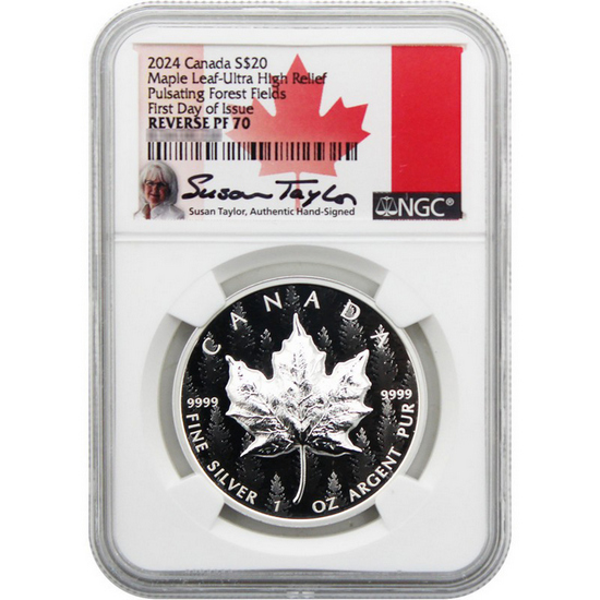 2024 Canada Silver Maple Leaf 1oz UHR NGC REV PF70 UC FDI S.T. Signed Flag Label