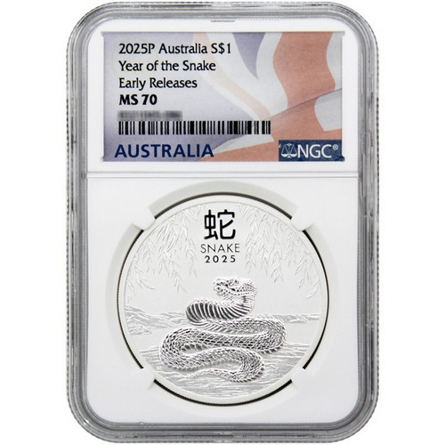 2025 P Australia Silver Year of the Snake Lunar Series III 1oz Coin MS70 ER NGC Flag Label