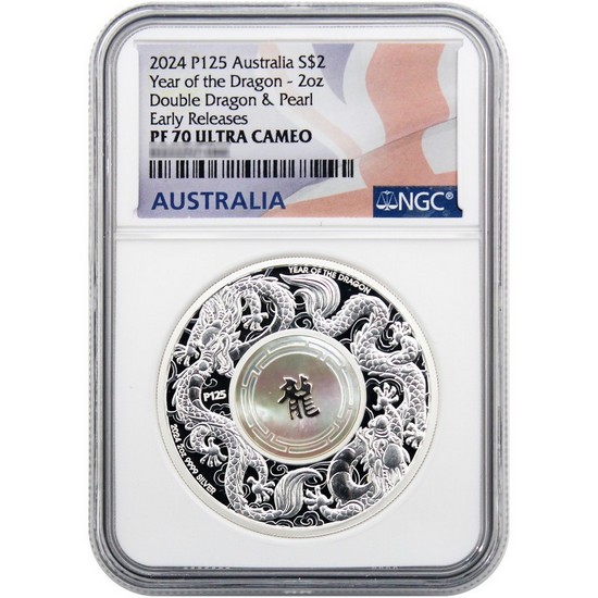 2024 P125 Australia Silver Year of the Dragon Lunar Series III 2oz Coin with Mother of Pearl PF70 UC ER NGC Flag Label