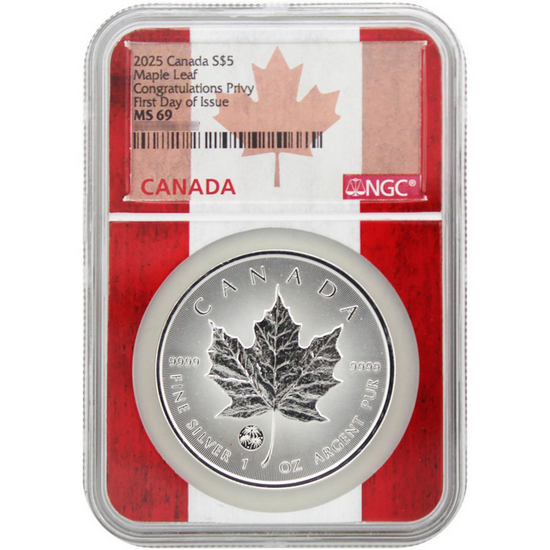 2025 Canada Silver Maple Leaf Congrats Privy 1oz MS69 FDI NGC Flag Label