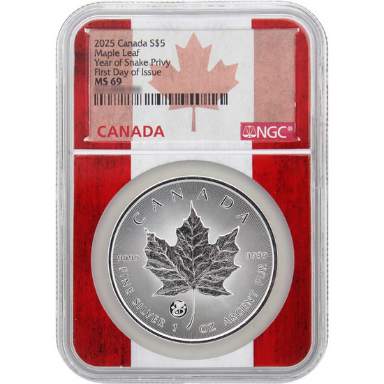 2025 Canada Silver Maple Leaf Year of the Snake Privy 1oz MS69 FDI NGC Flag Label