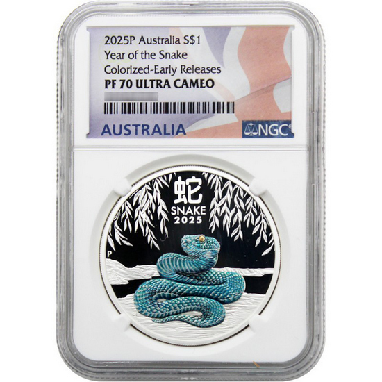 2025 P Australia Silver Year of the Snake 1oz Colorized Coin PF70 UC ER NGC Flag Label