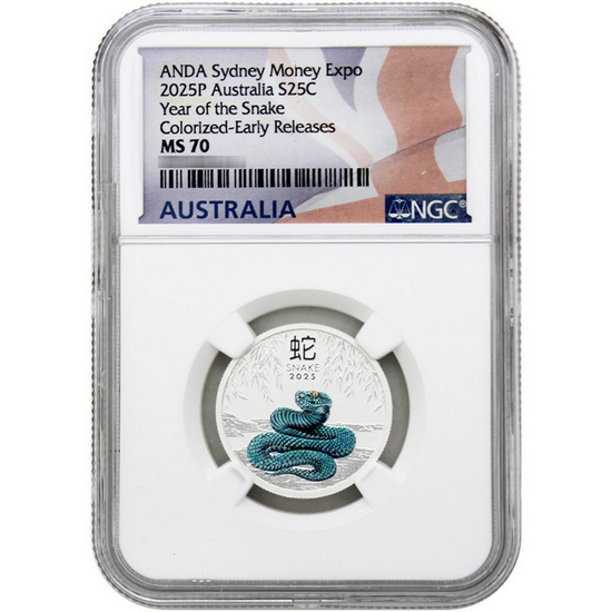 2025 P Australia Silver Year of the Snake 1/4oz Colorized Coin MS70 ER NGC Flag Label