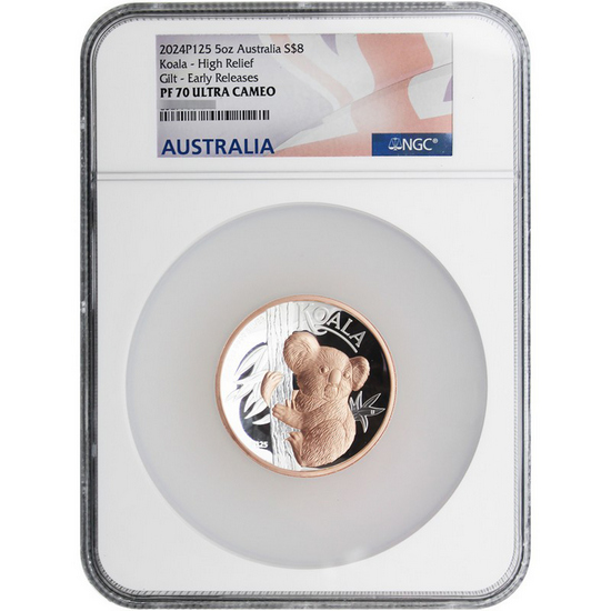 2024 P125 Australia Silver Koala 5oz High Relief Rose Gilded PF70 UC ER NGC Flag Label