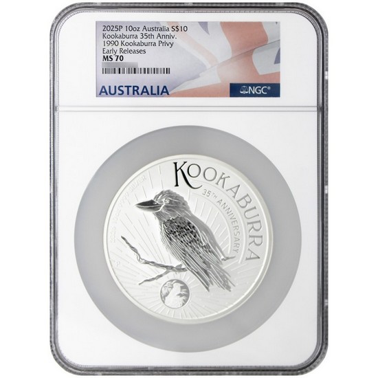 2025 P Australia Silver Kookaburra 35th Anniversary 10oz Coin MS70 ER NGC Flag Label