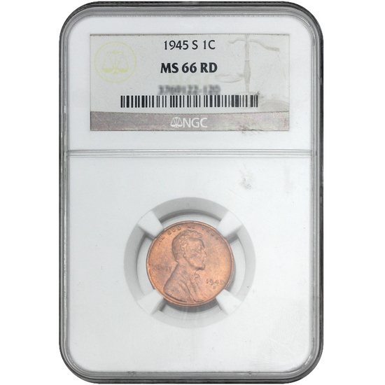 1945 S Lincoln Cent Wheat Reverse MS66 RD NGC Brown Label