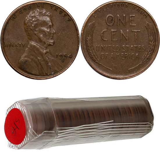 1954 S Lincoln Wheat Cent Roll 50 Coins in BU Condition