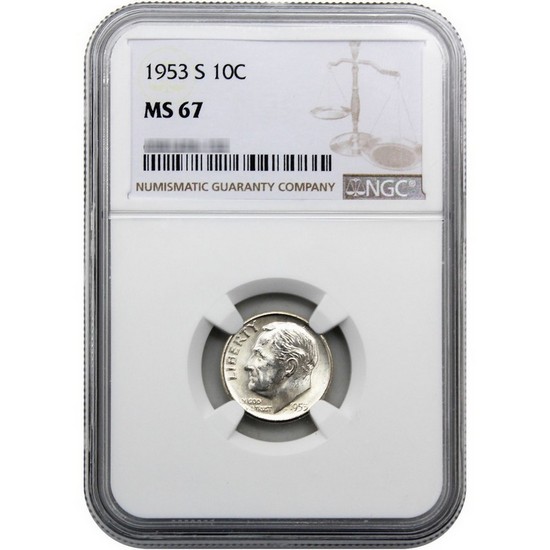 1953 S Silver Roosevelt Dime MS67 NGC Brown Label