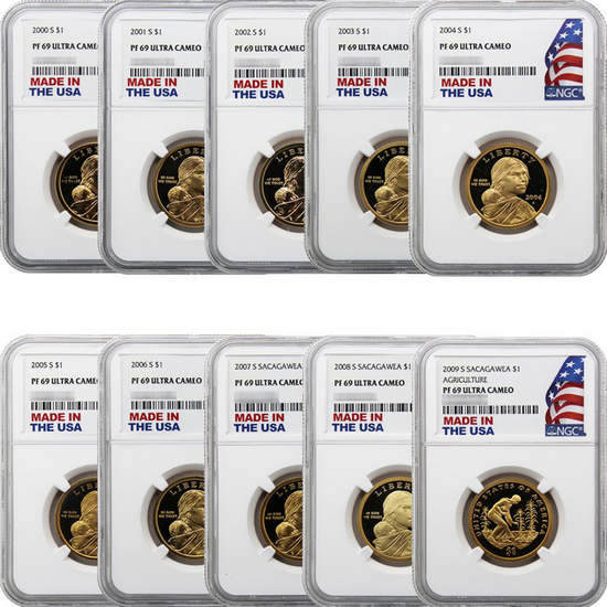 2000-2009 Sacagawea Dollar Set PF69 UC NGC Made in the USA Holder