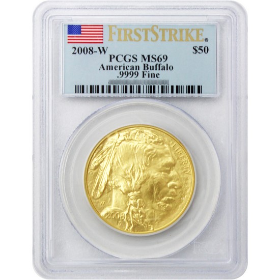 2008 W $50 Burnished Gold American Buffalo 1oz MS69 FS PCGS Flag Label