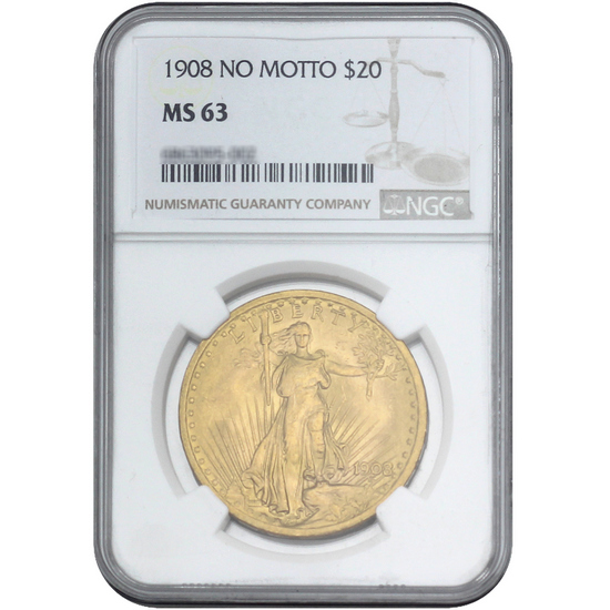 1908 $20 Saint Gaudens (No Motto) NGC MS63 Brown Label