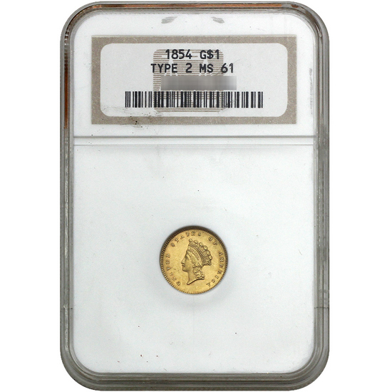 1854 $1 Gold Indian Princess Head Type 2 MS61 NGC