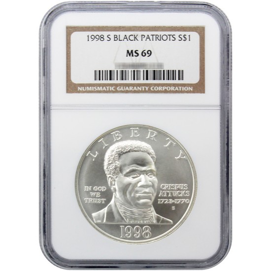 1998 S Black Revolutionary War Patriots Silver Dollar MS69 NGC Brown Label