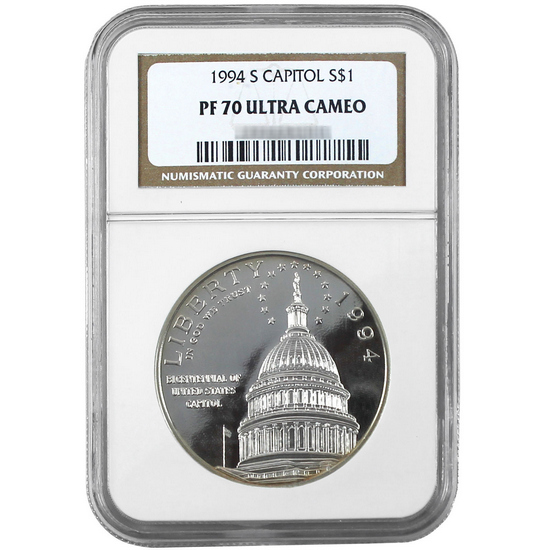 1994 S US Capitol Bicentennial Silver Dollar PF70 UC NGC Brown Label