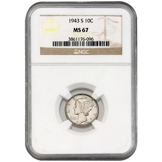 1943 S Silver Mercury Dime MS67 NGC Brown Label