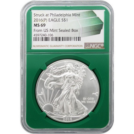 2016 (P) Silver American Eagle MS69 NGC Green Holder