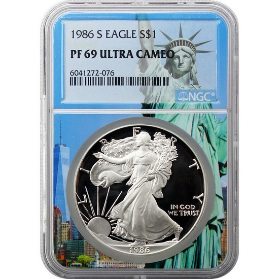 1986 S Silver American Eagle PF69 UC NGC Statue of Liberty Core