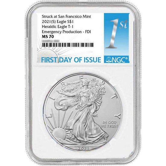 2021 (S) Silver American Eagle Type 1 Heraldic Eagle Emergency Production MS70 FDI NGC 1st Label