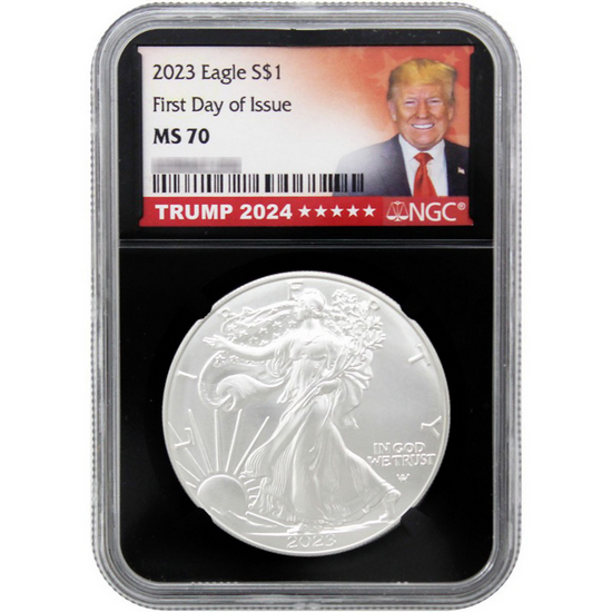 2023 Silver American Eagle MS70 FDI NGC Black Core Trump 2024 Label
