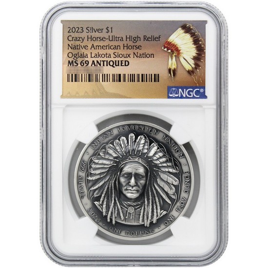 2023 Silver Native American Chief Series: "Crazy Horse" 1oz Antiqued Coin MS69 UHR NGC Native American Label