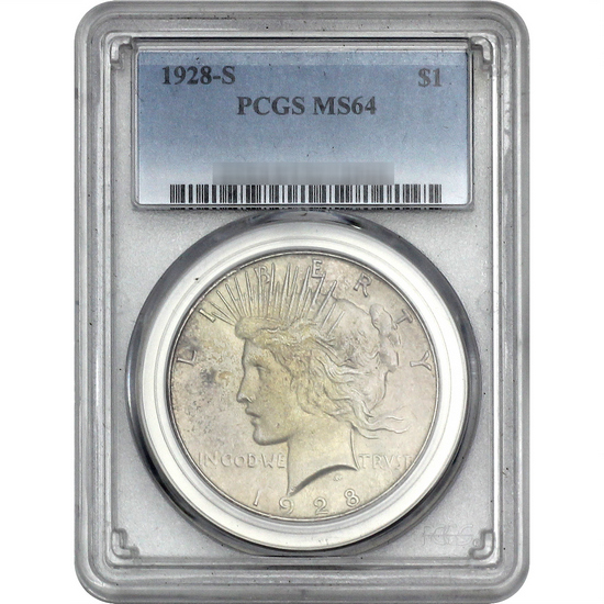 1928 S Peace Dollar Silver MS64 PCGS Blue Label