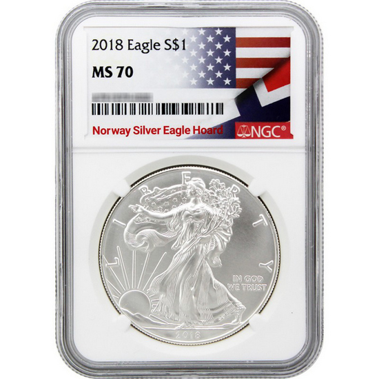 2018 Silver American Eagle "Norway Hoard" MS70 NGC Dual Flag Label