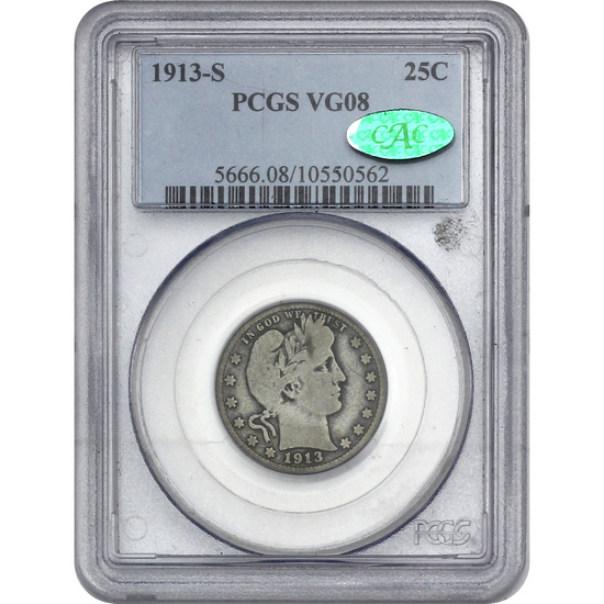 1913 S Silver Barber Quarter VG8 PCGS CAC