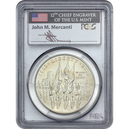 2002 West Point Bicentennial Silver Dollar MS69 PCGS John Mercanti Signed