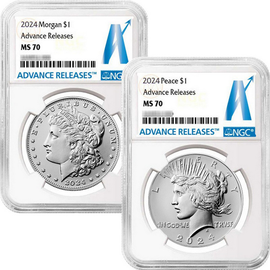 2024 Morgan and Peace Silver Dollar Set MS70 Advance Releases NGC AR Label