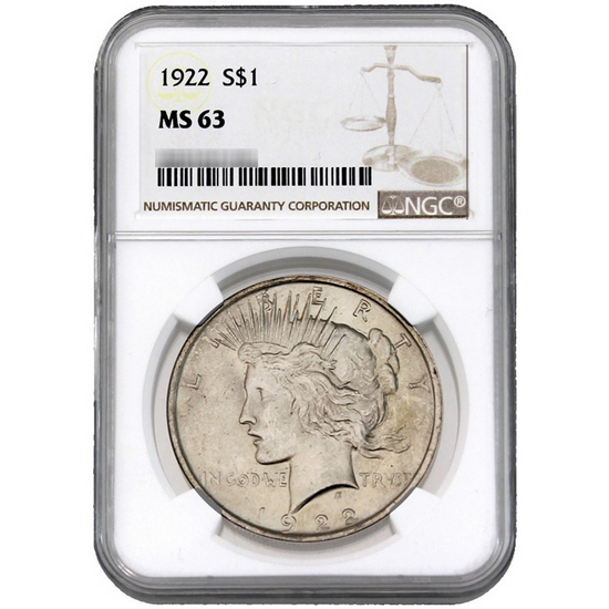 1922 Peace Dollar Silver MS63 NGC Brown Label