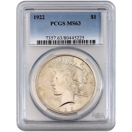 1922 Peace Dollar Silver MS63 PCGS Blue Label