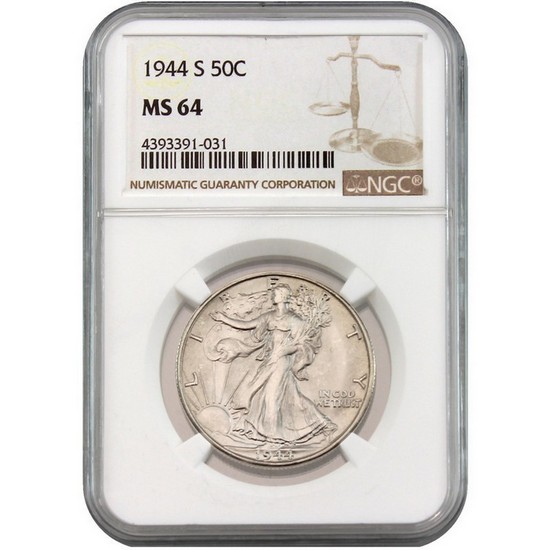 1944 S Silver Walking Liberty Half Dollar MS64 NGC Brown Label