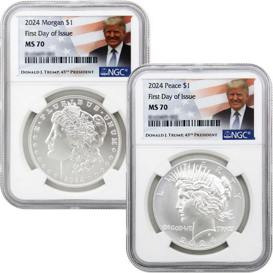 2024 Morgan and Peace Silver Dollar Set MS70 FDI NGC Trump Label