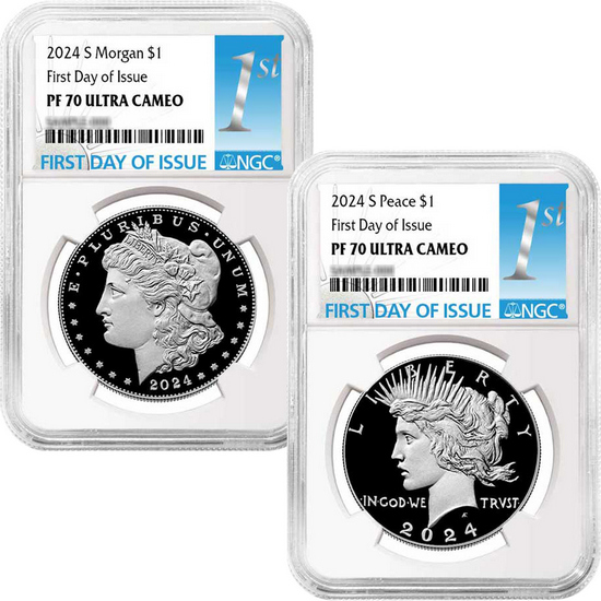 2024 S Morgan and Peace Silver Dollar Set PF70 UC FDI NGC 1st Label