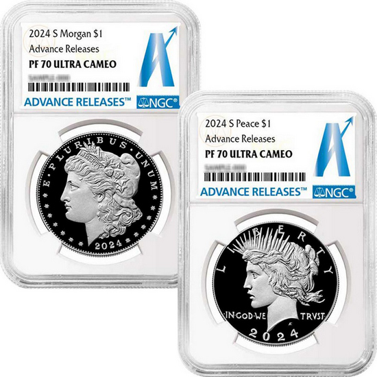 2024 S Morgan and Peace Silver Dollar Set PF70 Advance Releases NGC AR Label