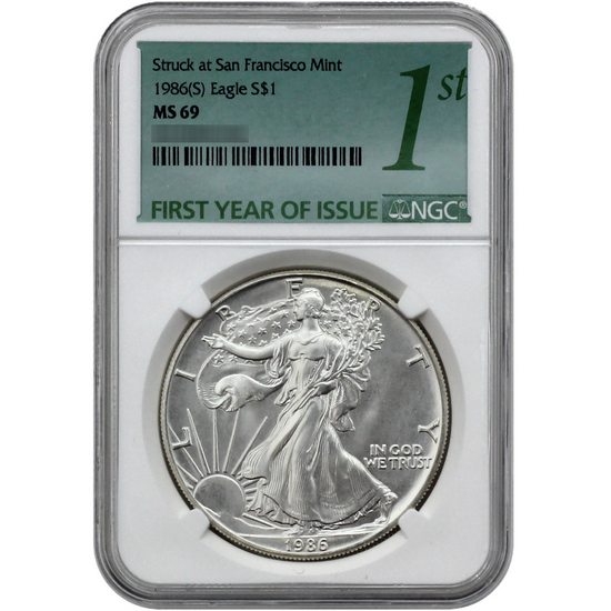 1986(S) Silver American Eagle MS69 NGC First Year Issue Label