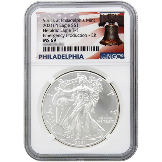 2021 (P) Silver American Eagle Type 1 Heraldic Eagle Emergency Production MS69 ER NGC Liberty Bell Label