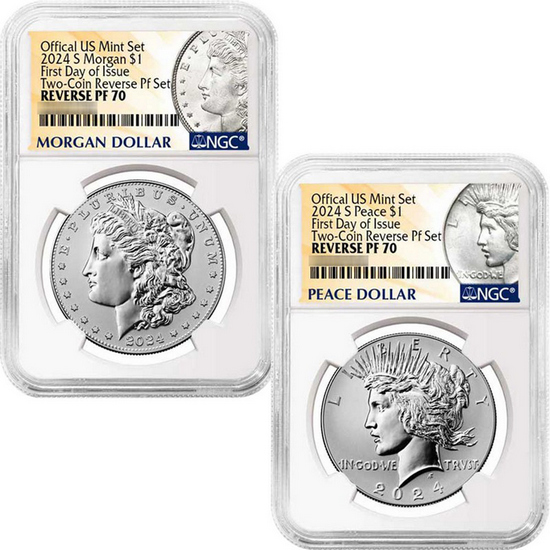 2024 S Morgan and Peace Silver Dollar Set Rev PF70 UC FDI NGC Morgan Peace Dollar Label