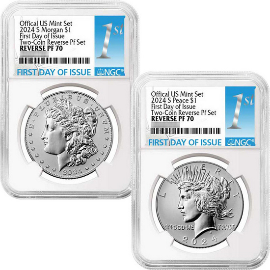 2024 S Morgan and Peace Silver Dollar Set Rev PF70 UC FDI NGC 1st Label