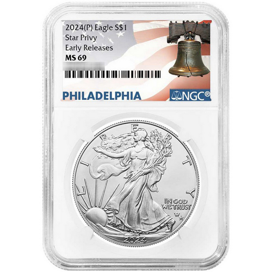 2024 Silver American Eagle Star Privy Coin MS69 ER NGC Liberty Bell label