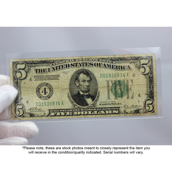 Series 1928 $5 Redeemable in Gold Federal Reserve Note VG/F Condition