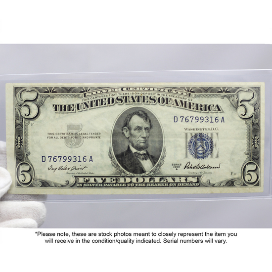 Series 1953 $5 Blue Seal Silver Certificate EF/AU Condition