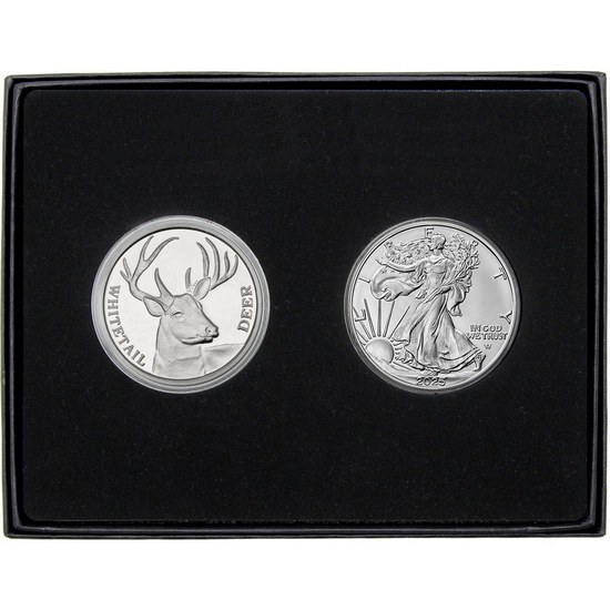 Whitetail Deer Silver Medallion and Silver American Eagle 2pc Gift Set