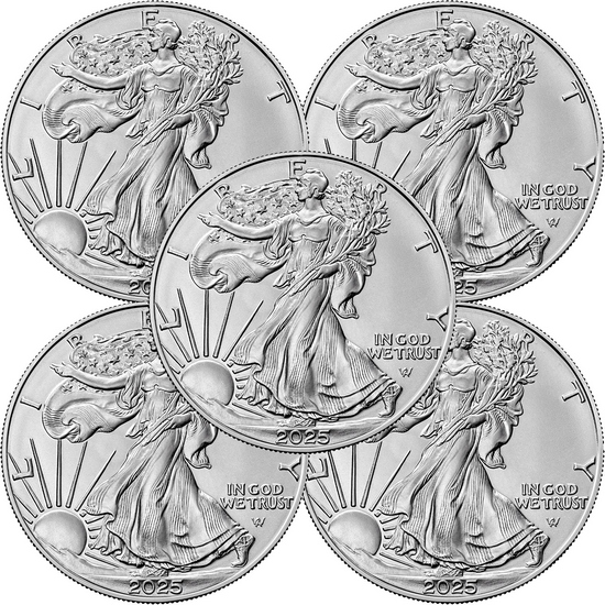 2025 Silver American Eagle BU Coin 5pc in Flips