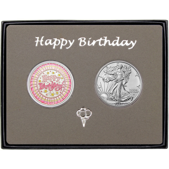 Happy Birthday Stripes Enameled Pink Silver Round and Silver American Eagle 2pc Gift Set