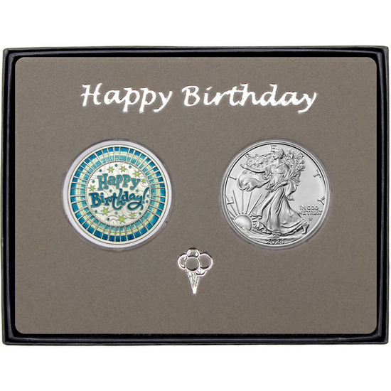 Happy Birthday Stripes Enameled Blue Silver Round and Silver American Eagle 2pc Gift Set