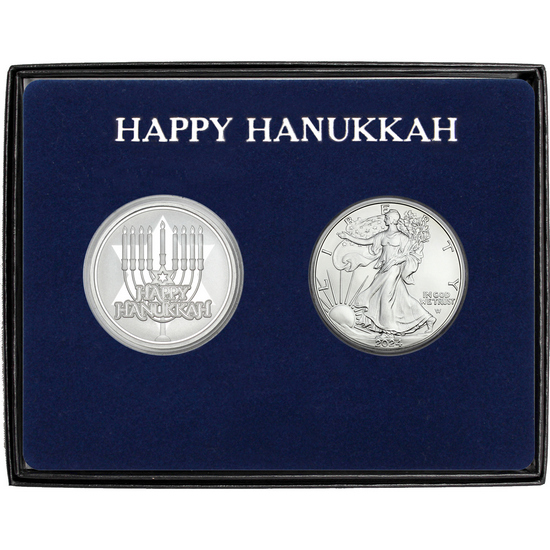 Happy Hanukkah Silver Medallion and Silver American Eagle 2pc Box Gift Set