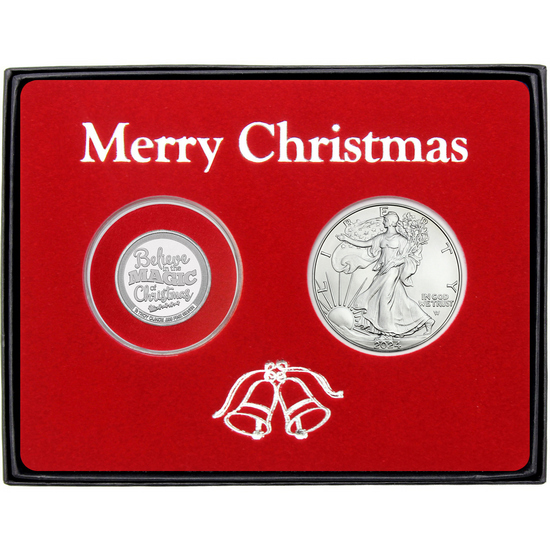 Merry Christmas Believe in the Magic of Christmas Half Ounce Silver Medallion and Silver American Eagle 2pc Box Gift Set