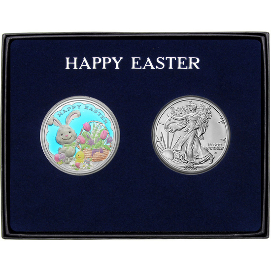 Happy Easter Bunny Rabbit Enameled Silver Round and Silver American Eagle 2pc Gift Set